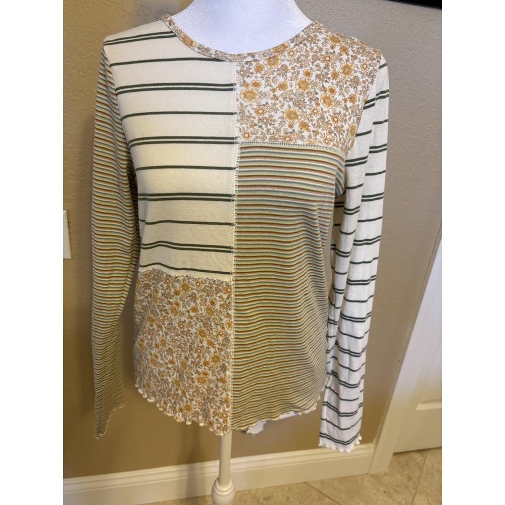 American Eagle Women's Long Sleeve Patchwork & Striped Top, Large, Cottage-Core